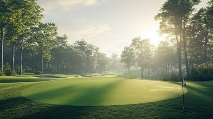 Serene Sunrise on a Golf Course Surrounded by Lush Green Trees