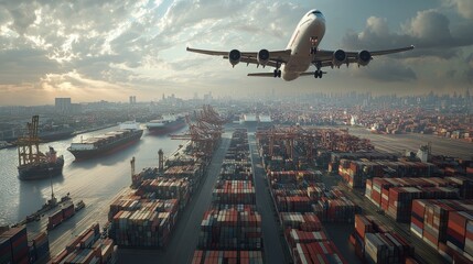 A commercial plane flies through a shipping port full of container ships. 