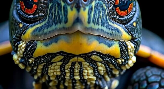 Close-up of a vibrant turtle showcasing intricate patterns and colors, set against a dark background