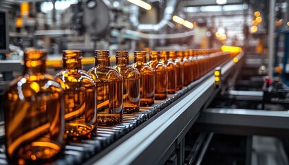 Naklejka premium Brown bottles on a conveyor belt in a factory, ready for filling