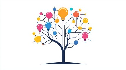 A creative mind map chart clipart, brainstorming process element, colorful connected nodes, flat design, isolated on white background.