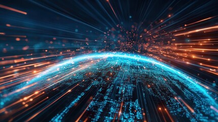Fototapeta premium A dynamic motion-blur render of fast-moving data streams forming a digital Earth, illustrating the rapid connectivity of global trade networks.