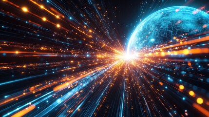 Fototapeta premium A dynamic motion-blur render of fast-moving data streams forming a digital Earth, illustrating the rapid connectivity of global trade networks.