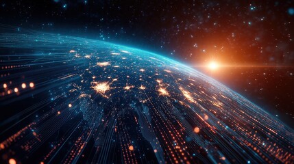 Obraz premium A dynamic motion-blur render of fast-moving data streams forming a digital Earth, illustrating the rapid connectivity of global trade networks.