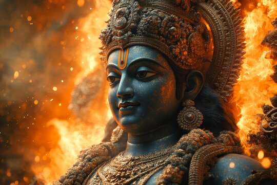 Fiery Krishna statue, devotional art, India