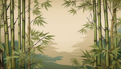 ベージュの和紙に描かれた緑色の竹林風景の背景素材。コピースペースあり。aiで生成	