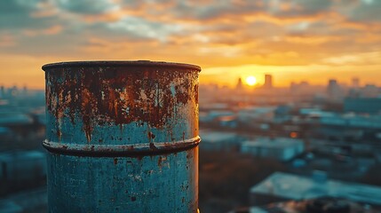 Naklejka premium Rusty pipe silhouetted against vibrant sunset cityscape. AI Generated