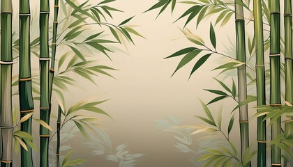 ベージュの和紙に描かれた緑色の竹林風景の背景素材。コピースペースあり。aiで生成	