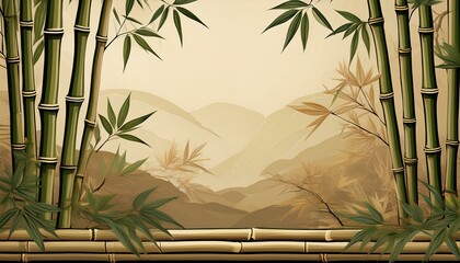 Obraz premium ベージュの和紙に描かれた茶色の竹林風景の背景素材。コピースペースあり。aiで生成 