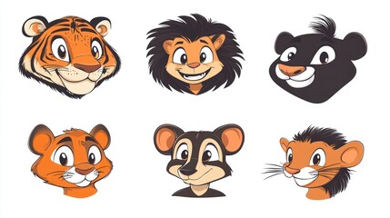 Six cute cartoon animal heads; tiger, lion, bear, raccoon, hedgehog; white background; children's book illustration