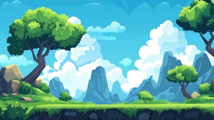 Lush Green Landscape with Majestic Blue Mountains