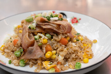 Closeup view of the smoked bacon fried rice.