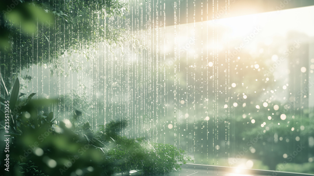 Poster serene view of raindrops cascading down vibrant greenery in a peaceful setting at dawn. generative a