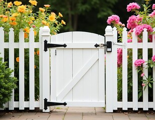 Charming white picket gate adorned with vibrant floral abundance on both sides