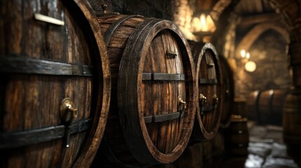 Aged Wooden Barrels in a Dark Cellar