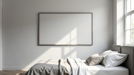Sunlight Illuminates a Serene Bedroom with a Large Blank Canvas Above a Neatly Made Bed Featuring Soft Neutral Linens and Pillows