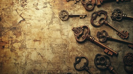 Fototapeta premium Antique Keys Scattered on Aged Textured Surface