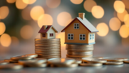 Miniature houses, Stacks of gold coins, Soft bokeh background, Real estate investment concept, Warm lighting, Shallow depth of field, Financial growth illustration, Home savings, Property market, Weal