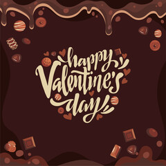 A sweet Valentine's Day  2025 greeting illustration featuring love hand-lettering,rich dripping chocolate,scattered pralines. Perfect for greeting cards, posters, backgrounds, and festive designs.