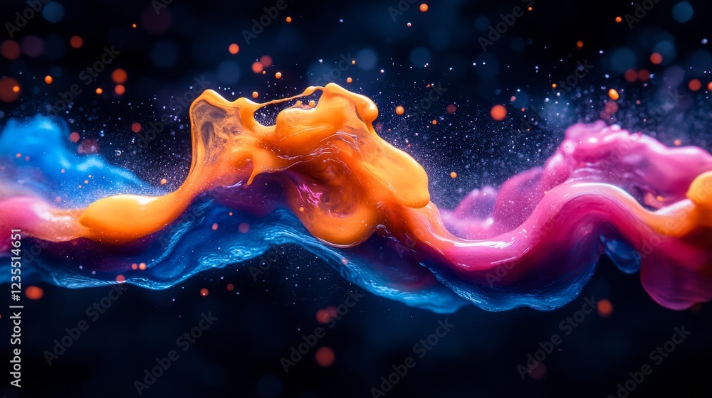 Poster neon paint splashes frozen in air, vibrant color explosion artwork with dynamic movement and abstrac