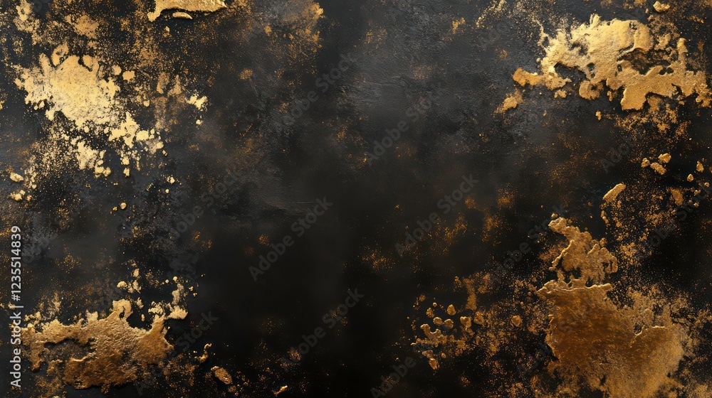 Poster abstract dark background with gold texture, splatters and grunge effect.