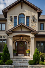 Fototapeta premium Luxury Home Exterior: Modern Stone Facade and Elegant Entrance Design