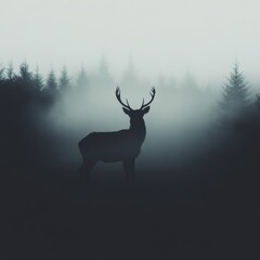 A misty forest with a lone deer.