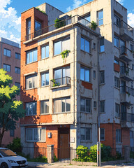 Naklejka premium Captivating Anime Art Style Depiction of Classic Apartment Building in Abandoned State Background Illustration Aesthetic