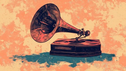 Vintage Gramophone With Large Horn Speaker Playing Music