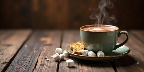 Aromatic Steam Rising from a Warm Beverage in a Rustic Setting with Sweet Treats