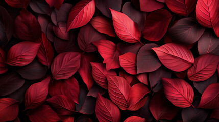 A dense flat lay of leaves with a bold red color theme, blending crimson, scarlet, and burgundy hues.