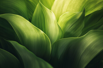Macro view of green leaves with pronounced vein patterns, light passing through creating a soft glow. 