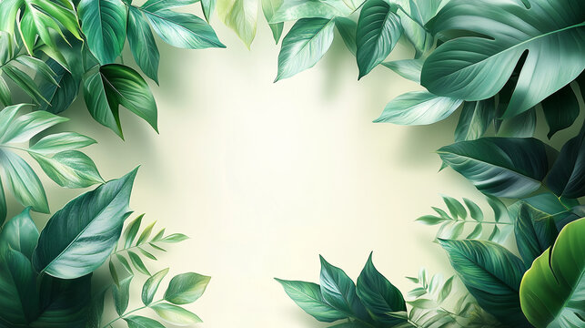 A PowerPoint template featuring an elegant border of overlapping tropical leaves, with delicate shadows and a light beige background. The center remains uncluttered for easy readability.