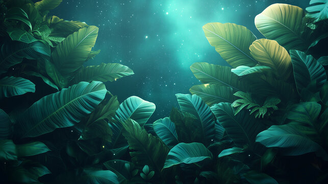 A futuristic botanical display featuring tropical leaves arranged symmetrically against a starlit space backdrop. 