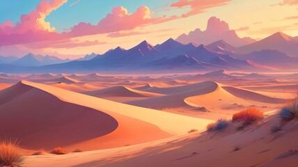 Naklejka premium Majestic desert landscape with sand dunes and vibrant sunset