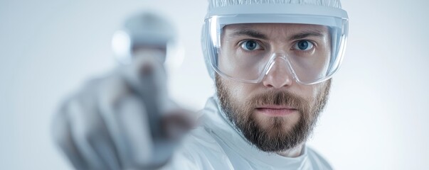 Close-Up of Scientist in Protective Gear Pointing Forward