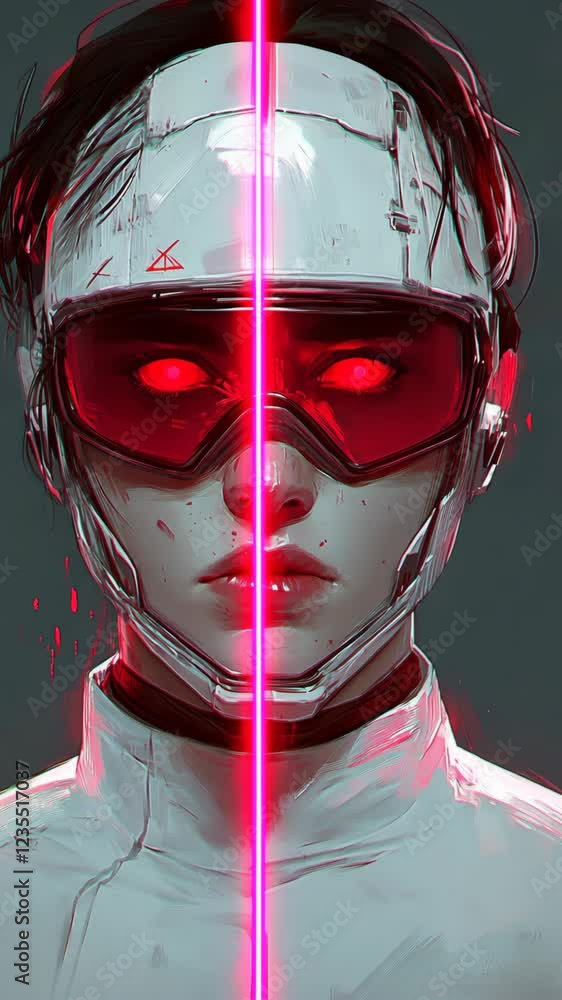 Poster futuristic cybernetic character with glowing red eyes and visor in a digital art setting