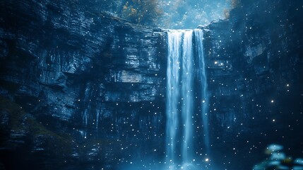 Obraz premium Serene Waterfall Cascading Down Dark Cliff Face Mystical Blue Light. AI Generated
