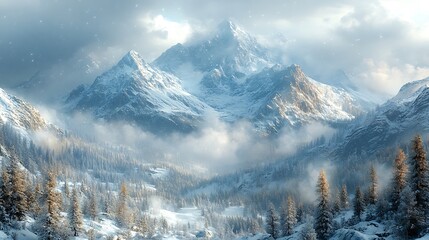 Snowy mountain range, winter valley, fog