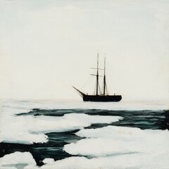 Obraz premium A ship navigating through icy waters, with pack ice and icebergs.