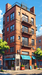 Naklejka premium Eerie and Surreal Anime Art Depiction of Classic Apartment Building Left in a Rustic Abandoned State Background Illustration Aesthetic