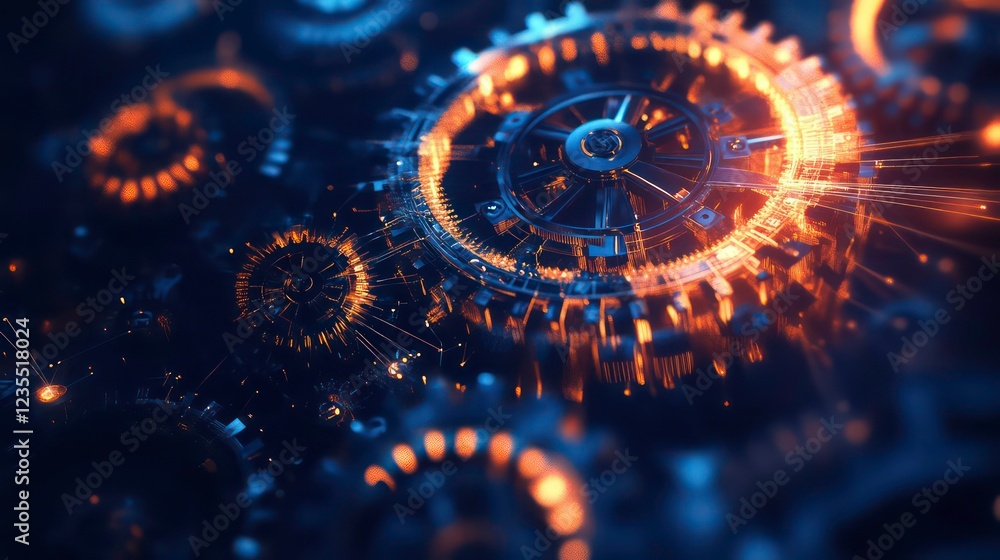 Poster close-up of intricate, glowing gears in motion, depicting complex mechanics and technology.