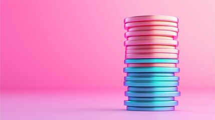 A stack of colorful circular disks in pink and blue against a soft pink background, creating a vibrant, playful aesthetic.