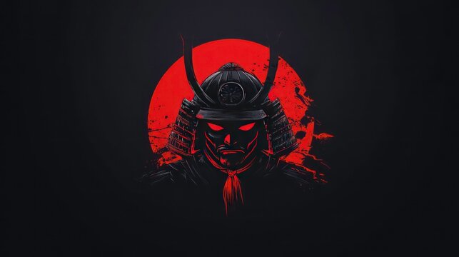Dark samurai warrior portrait against a red sun.