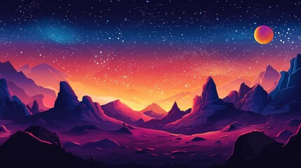 Alien Landscape Sunset Mountains Starry Night
