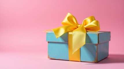 Obraz premium A light blue gift box with a vibrant yellow satin ribbon bow, perfect for a celebratory occasion