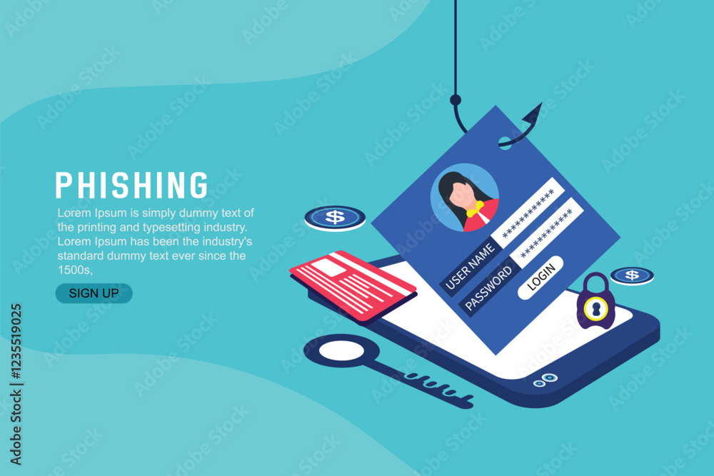 Poster mobile phishing landing page concept. phishing scam, hacker crime attack and personal data security 