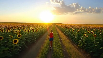 Runner enjoys a sunset stroll through a vibrant sunflower field on a warm summer evening