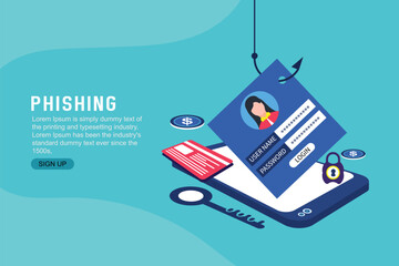 Mobile phishing landing page concept. Phishing scam, hacker crime attack and personal data security concept