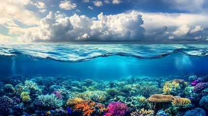 Fototapeta premium Vibrant Coral Reef Underwater Scene with Clear Ocean Waves